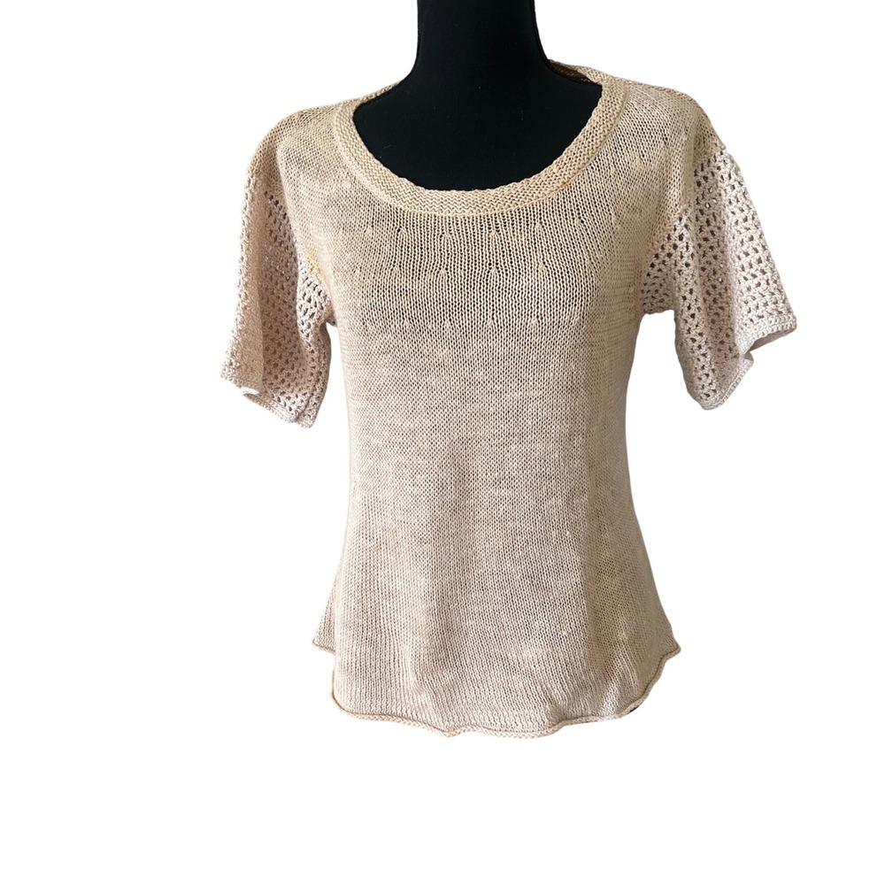 DKNY Women Vintage Crotchet Knit Top Size M Beige 100% Hemp Coastal